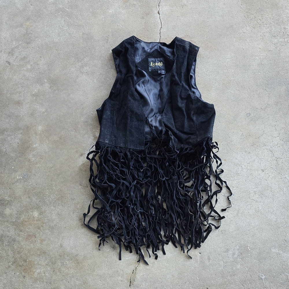 Vintage Black Leather Fringed Vest Western Women's Size S